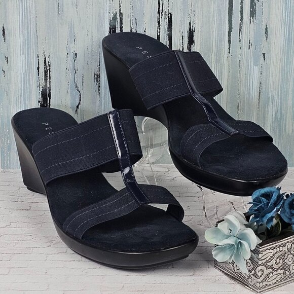 Womens 8.5 Black Leather Open Toe Chunky Heel Slip-on Work Business Casual Comfy - Picture 10 of 15